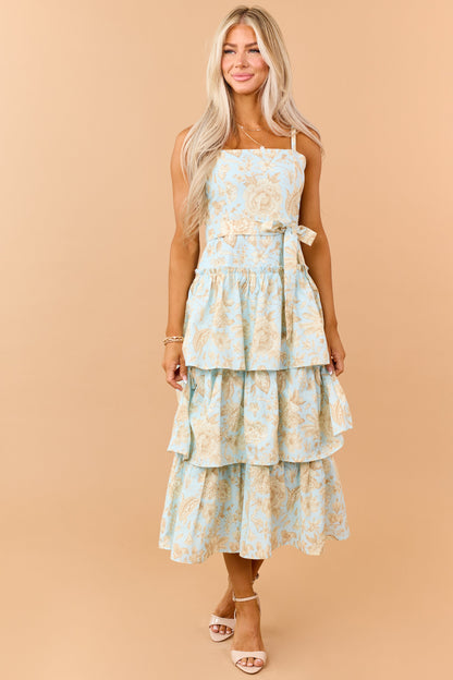 Baby Blue Cotton Floral Print Sleeveless Midi Dress