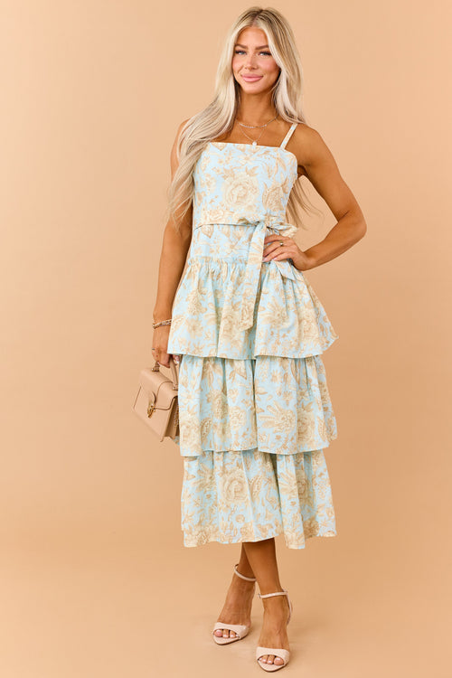 Baby Blue Cotton Floral Print Sleeveless Midi Dress