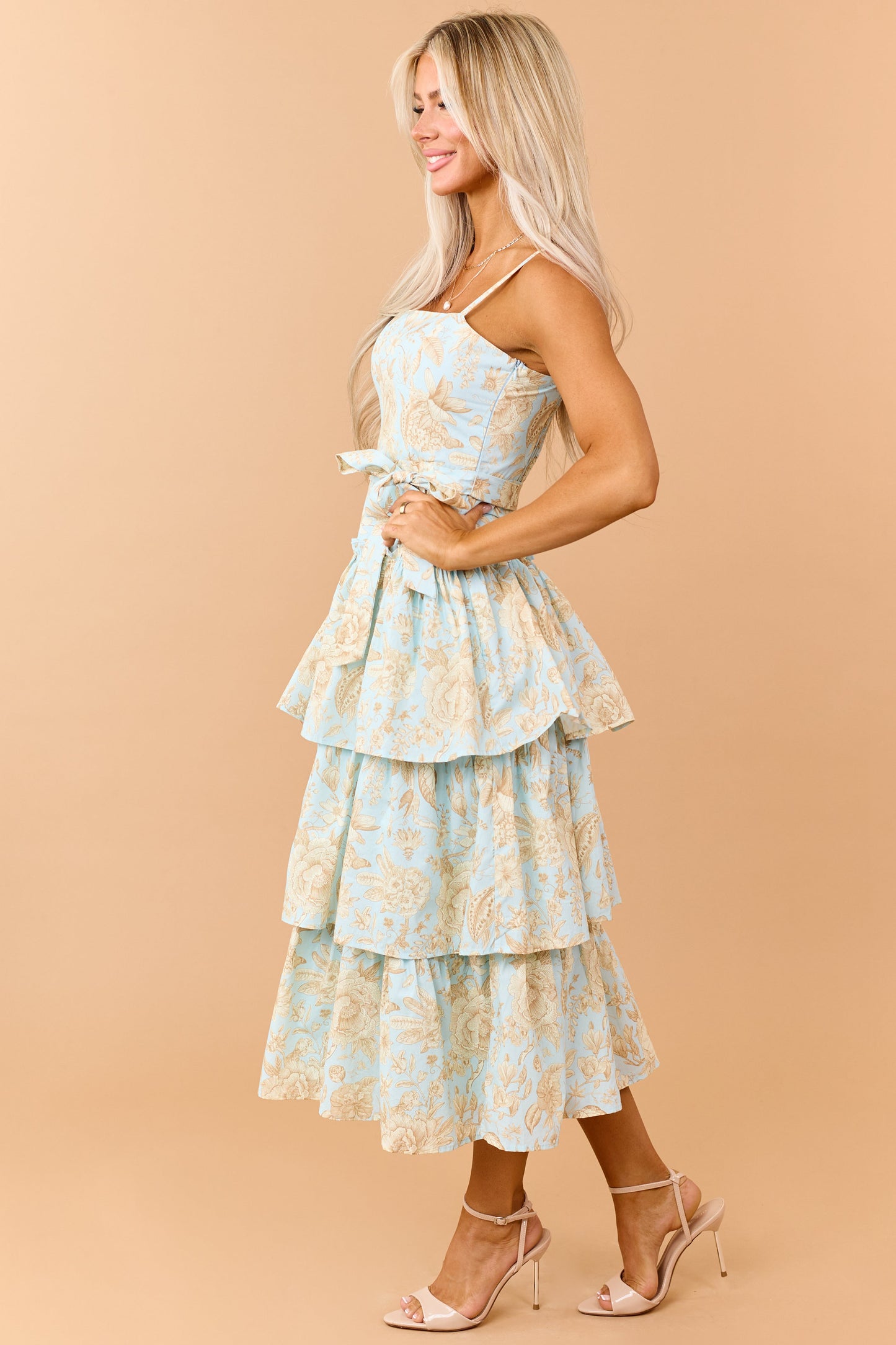 Baby Blue Cotton Floral Print Sleeveless Midi Dress