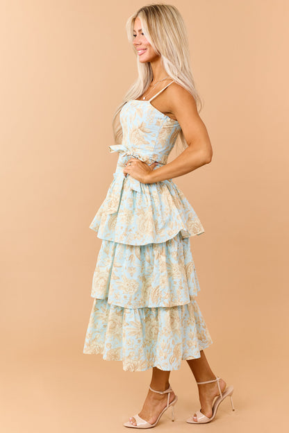 Baby Blue Cotton Floral Print Sleeveless Midi Dress