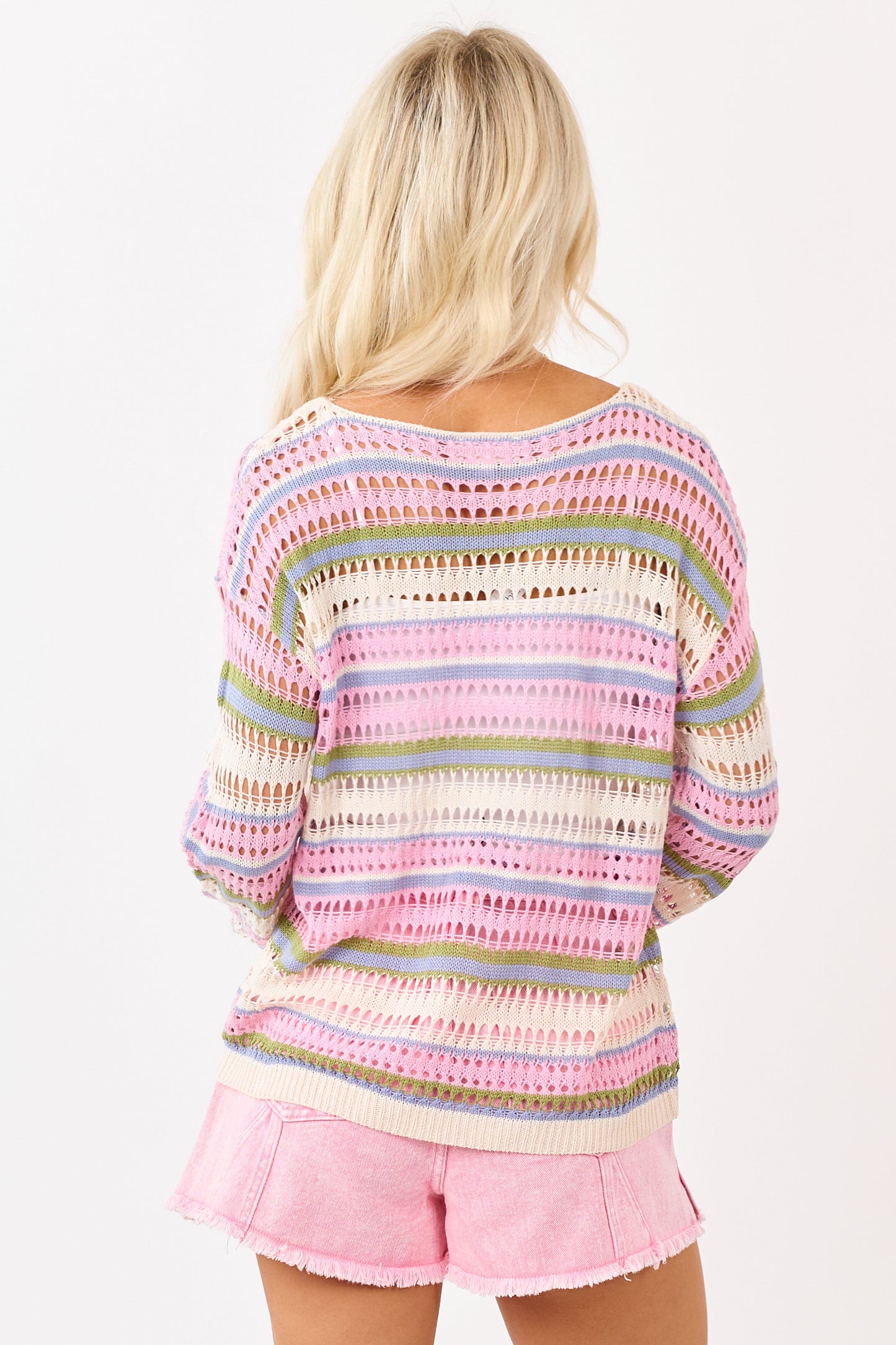 Baby Pink Striped Open Knit Long Sleeve Sweater