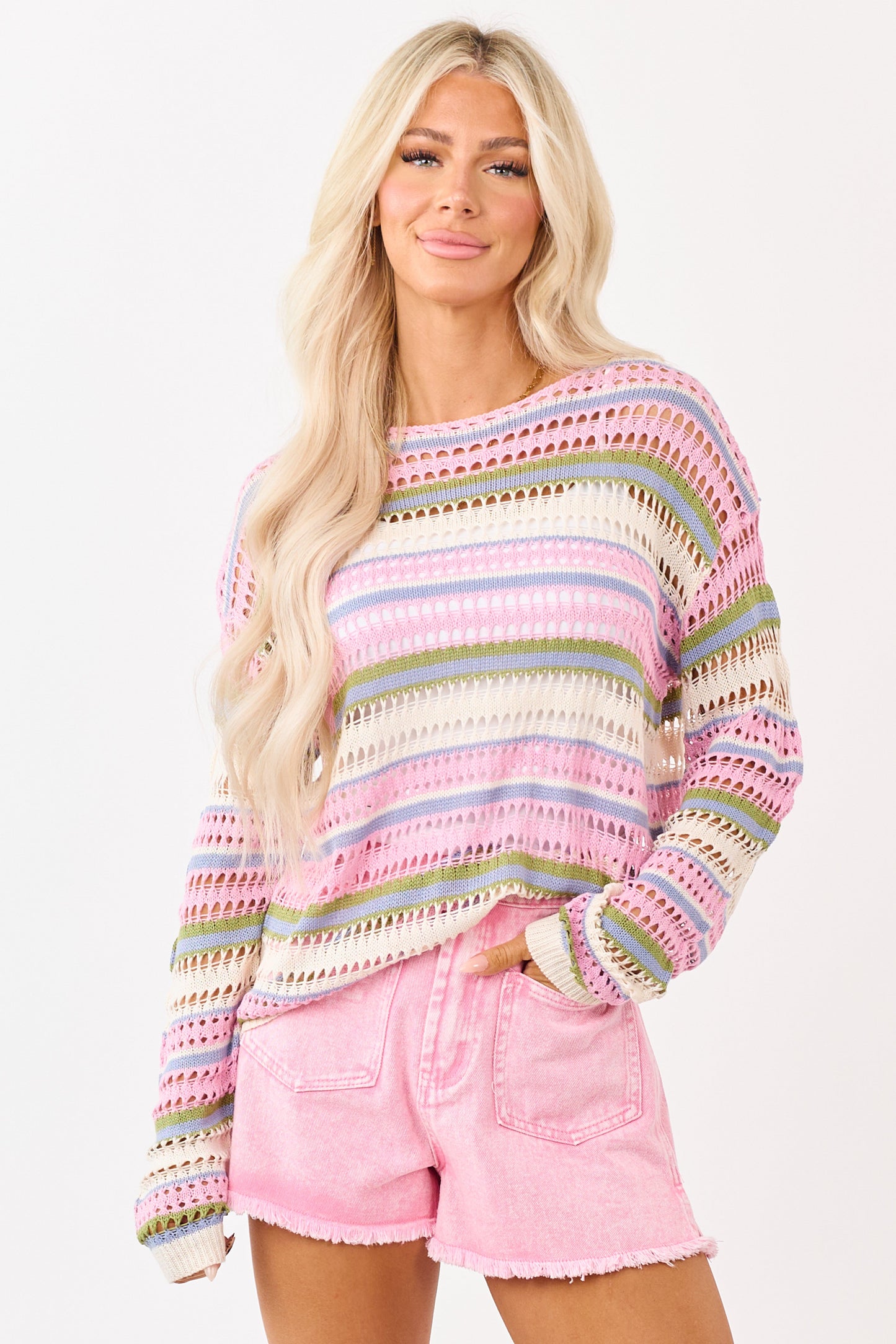 Baby Pink Striped Open Knit Long Sleeve Sweater