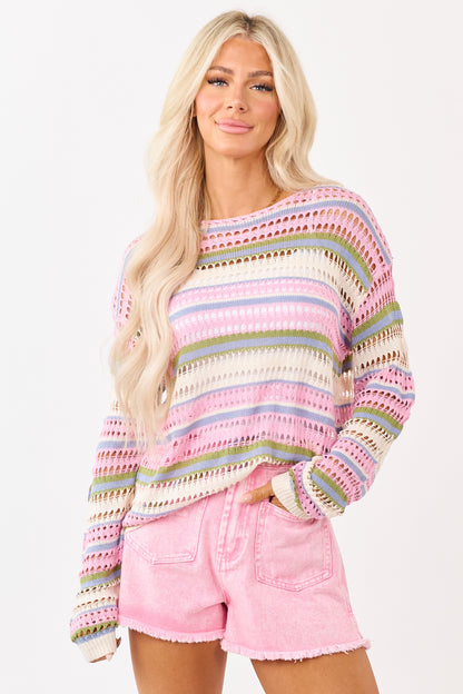 Baby Pink Striped Open Knit Long Sleeve Sweater