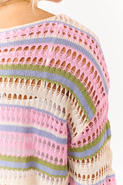 Baby Pink Striped Open Knit Long Sleeve Sweater