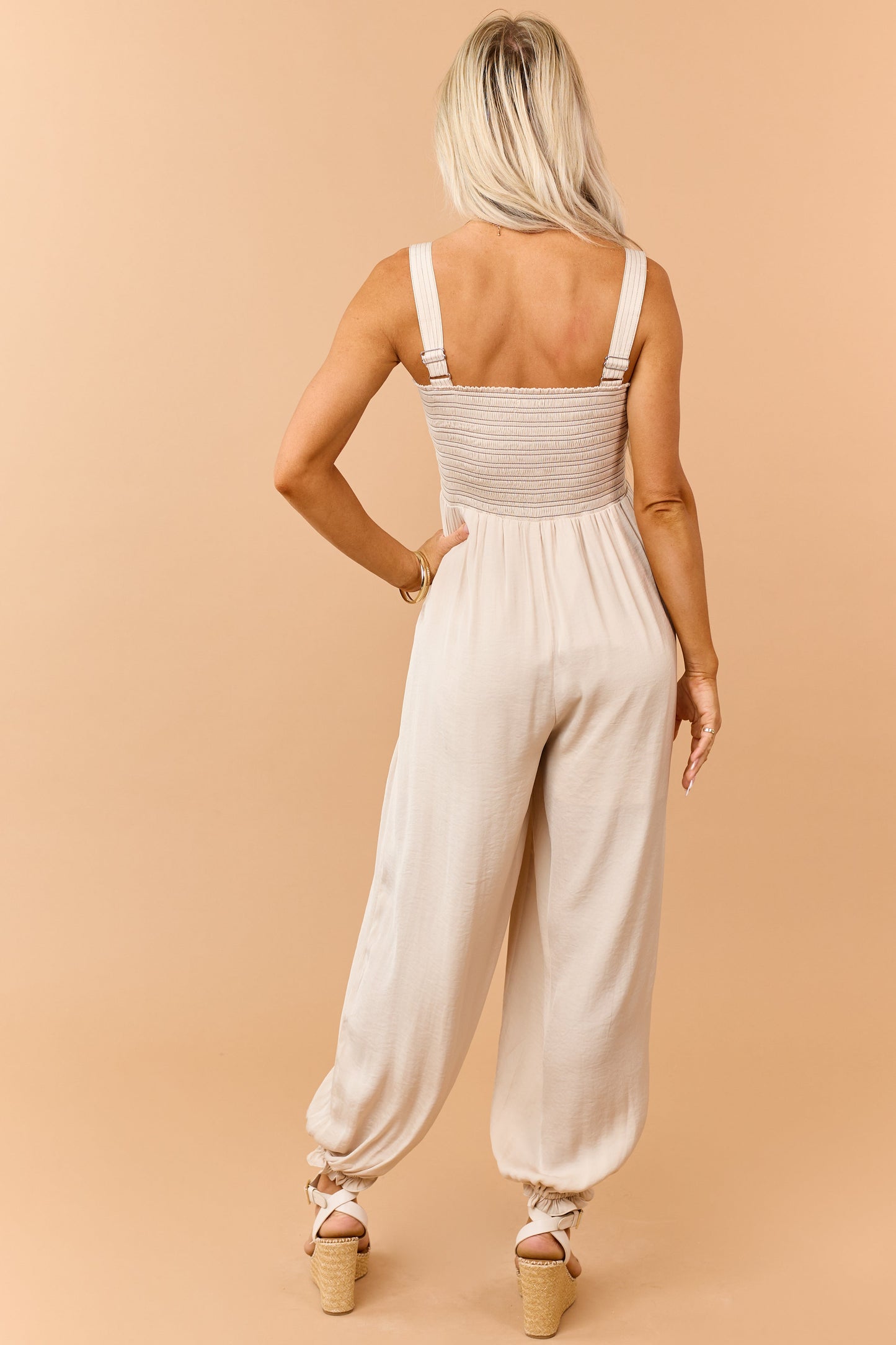 Beige Contrast Stitch Smocked Bodice Jumpsuit