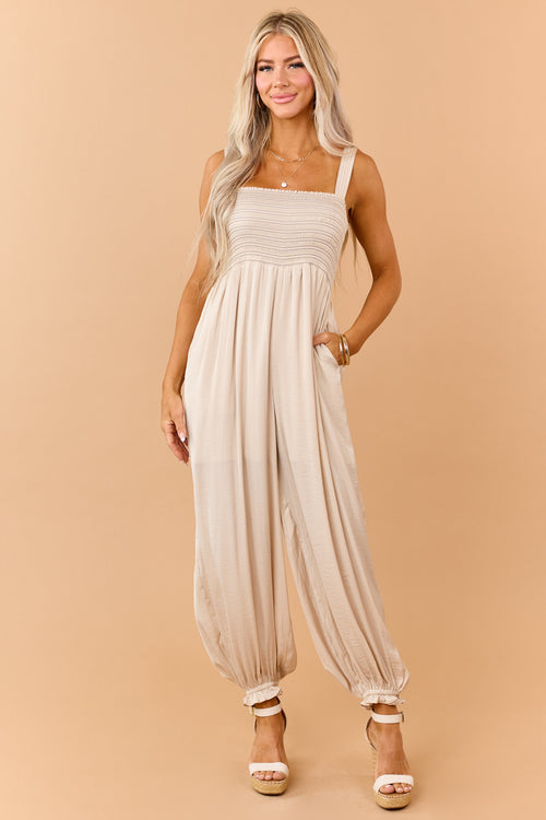 Beige Contrast Stitch Smocked Bodice Jumpsuit