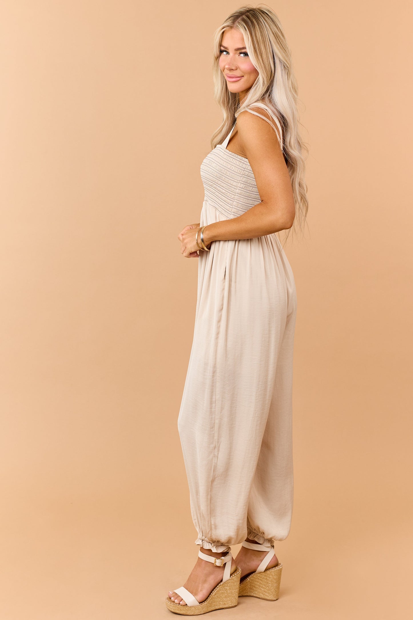 Beige Contrast Stitch Smocked Bodice Jumpsuit