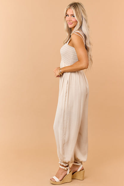 Beige Contrast Stitch Smocked Bodice Jumpsuit