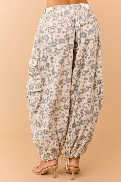 Beige Floral Print Drawstring Cuffs Cargo Pants