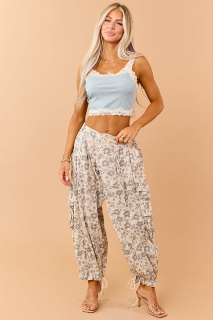 Beige Floral Print Drawstring Cuffs Cargo Pants