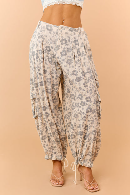 Beige Floral Print Drawstring Cuffs Cargo Pants