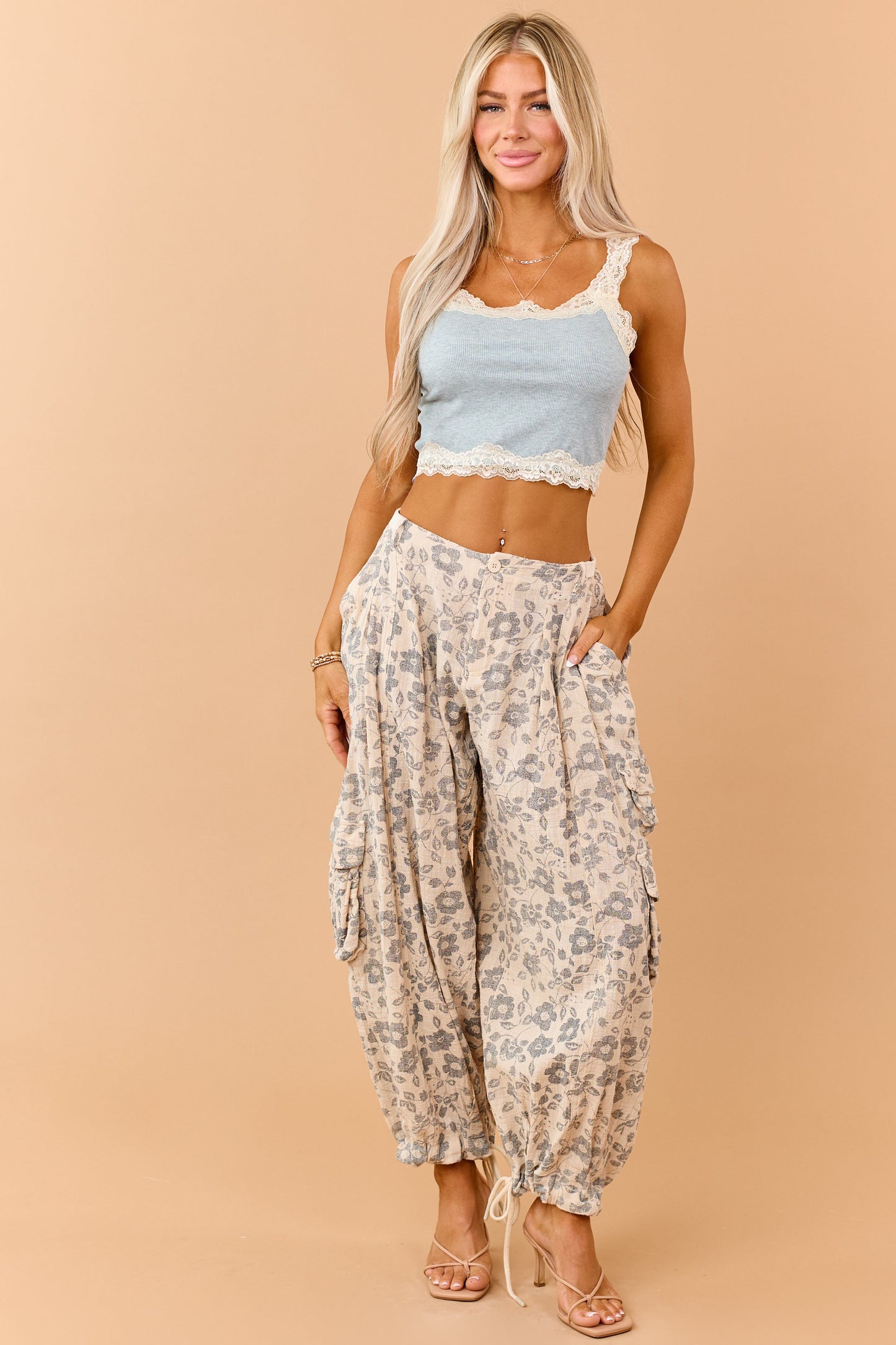Beige Floral Print Drawstring Cuffs Cargo Pants