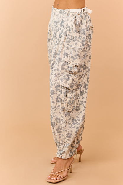 Beige Floral Print Drawstring Cuffs Cargo Pants