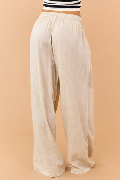 Beige Linen Blend Drawstring Wide Leg Pants
