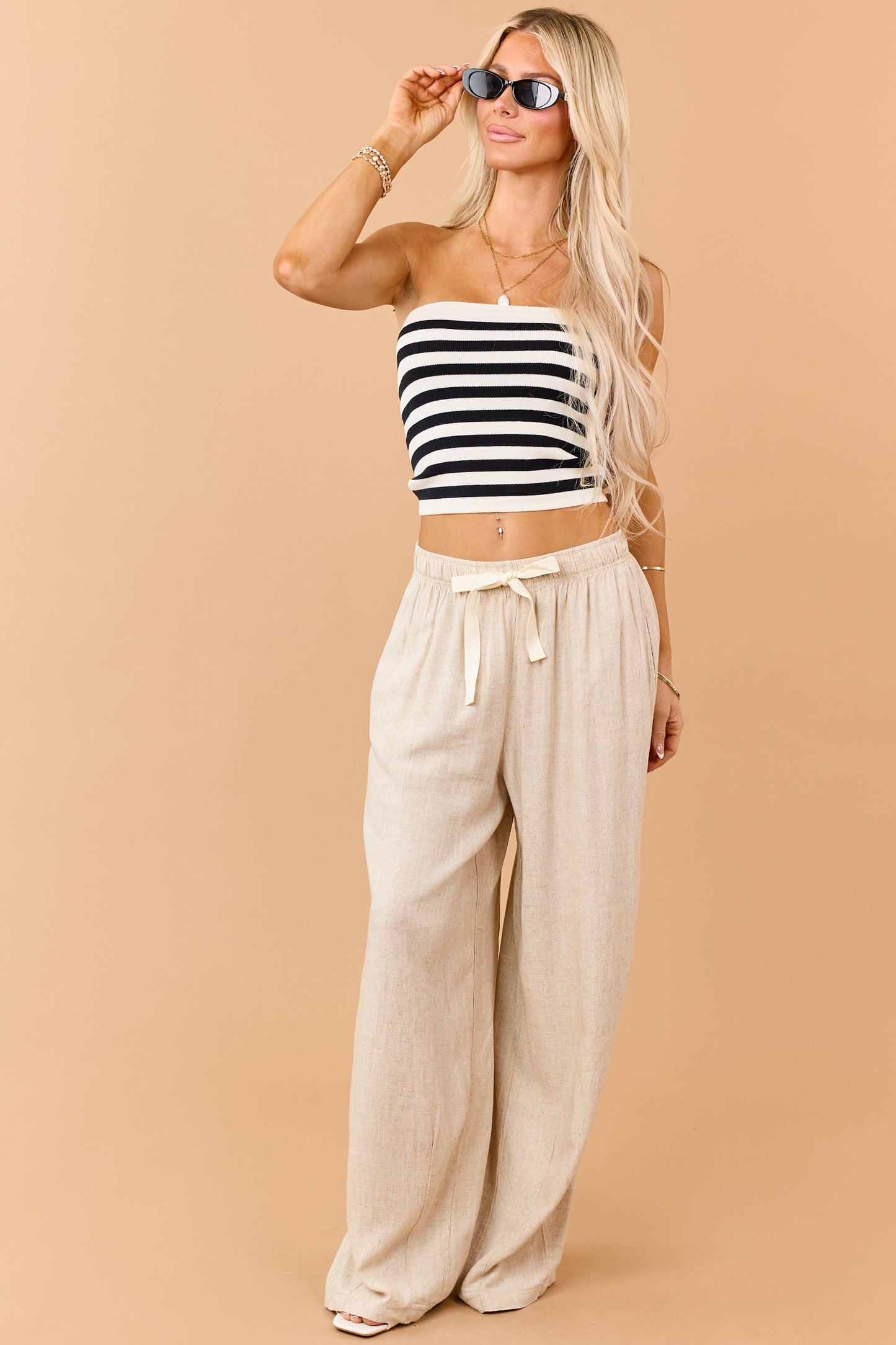 Beige Linen Blend Drawstring Wide Leg Pants