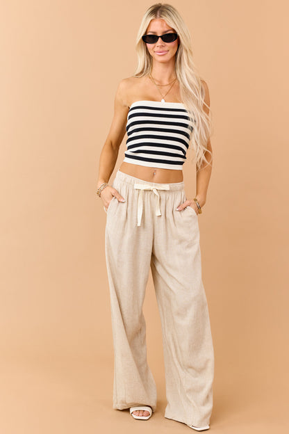 Beige Linen Blend Drawstring Wide Leg Pants