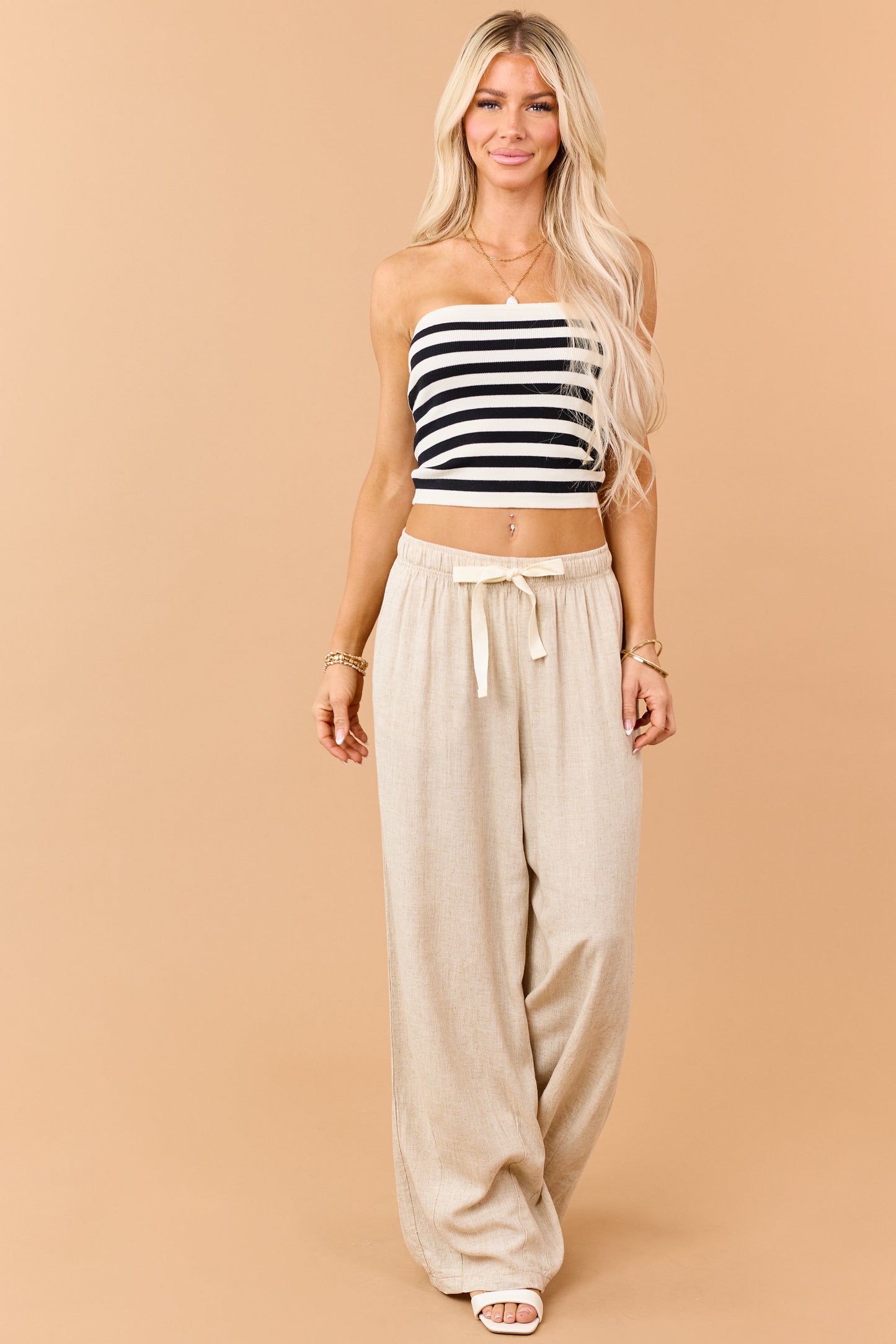 Beige Linen Blend Drawstring Wide Leg Pants