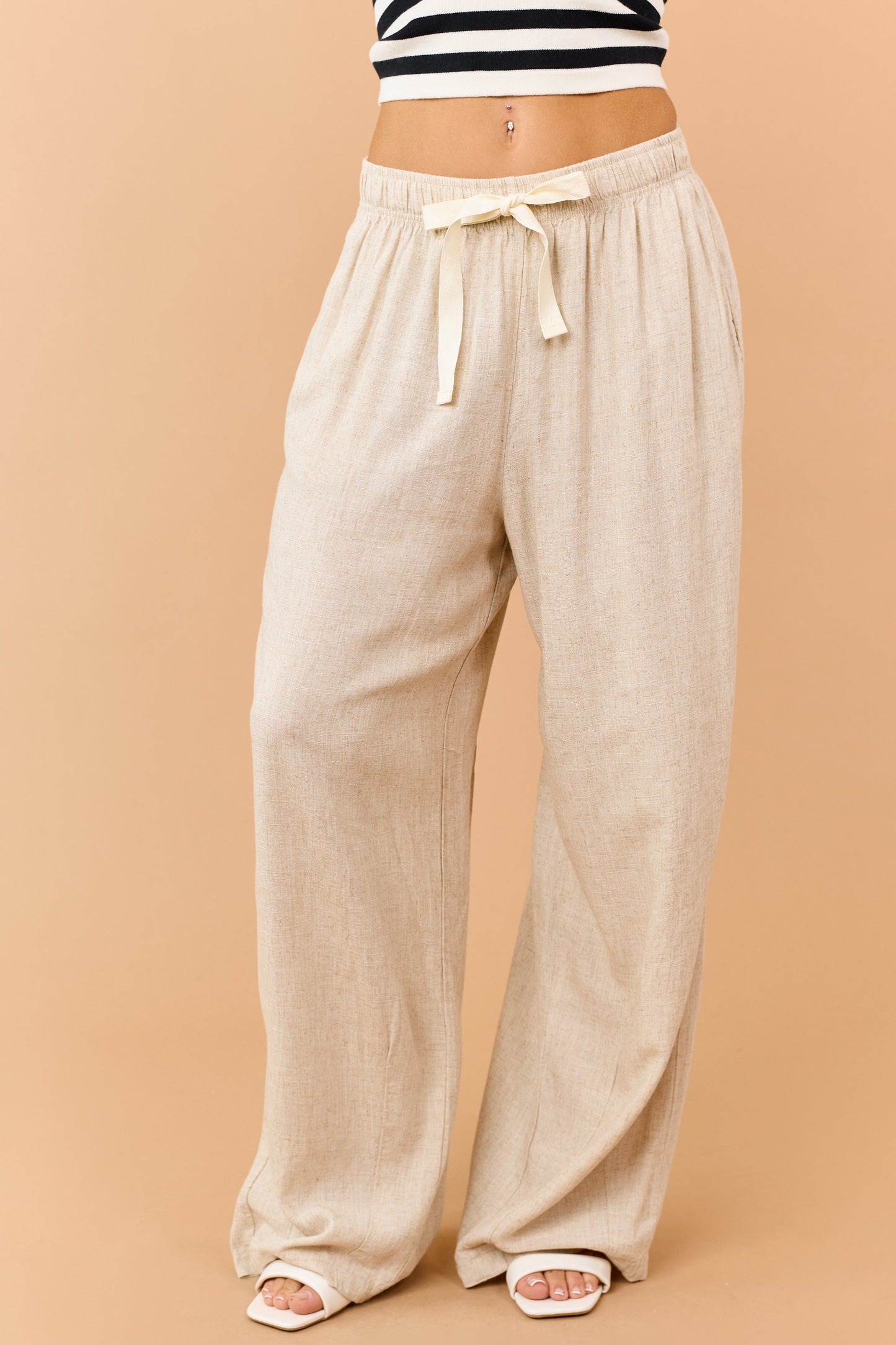 Beige Linen Blend Drawstring Wide Leg Pants