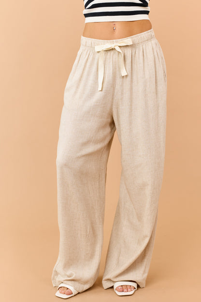 Beige Linen Blend Drawstring Wide Leg Pants