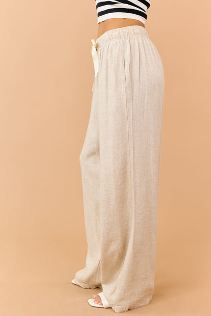 Beige Linen Blend Drawstring Wide Leg Pants