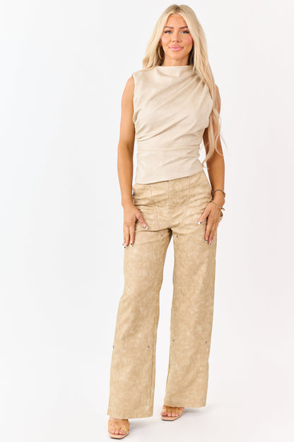 Beige Mineral Wash Faux Leather Wide Leg Pants