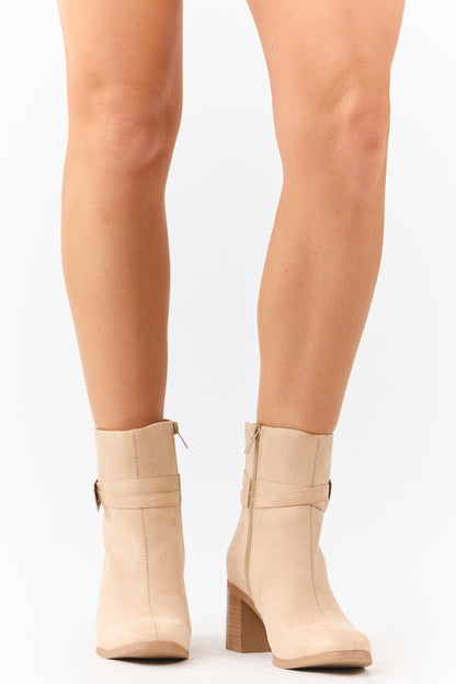 Beige Microsuede Block Heel Buckle Booties