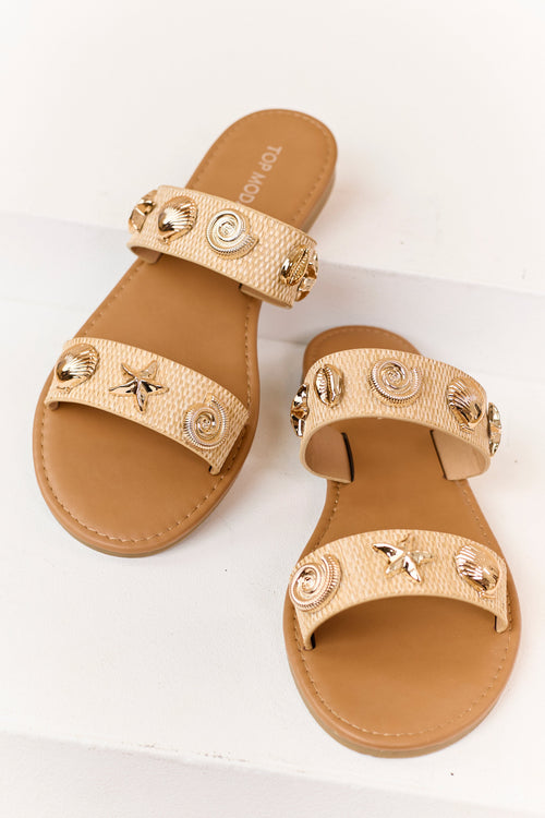 Beige Raffia Double Strap Seashell Sandals