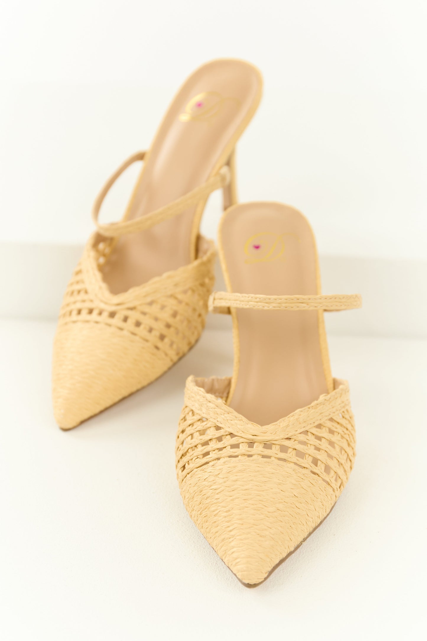 Beige Raffia Stiletto Woven Slip On Heels