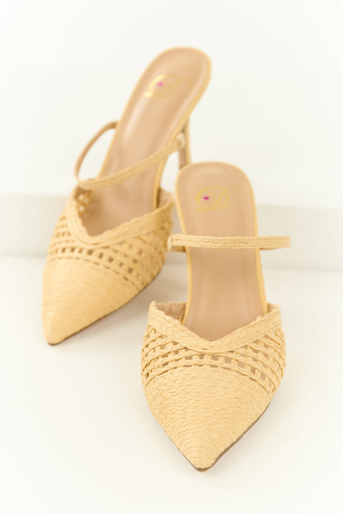 Beige Raffia Stiletto Woven Slip On Heels