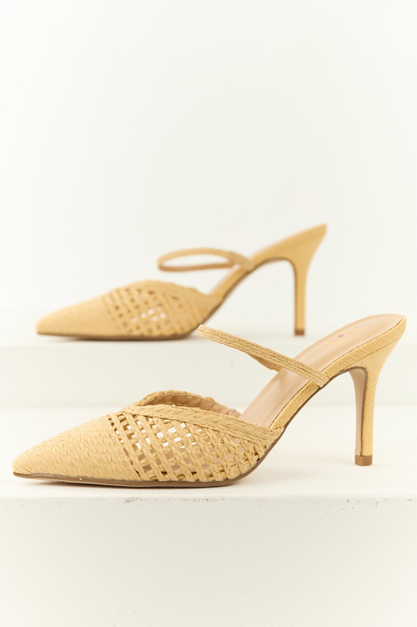 Beige Raffia Stiletto Woven Slip On Heels