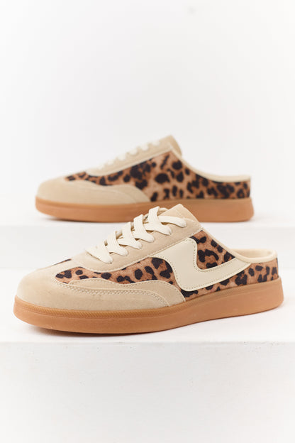 Biege Leopard Print Lace Up Slip On Mule Sneakers