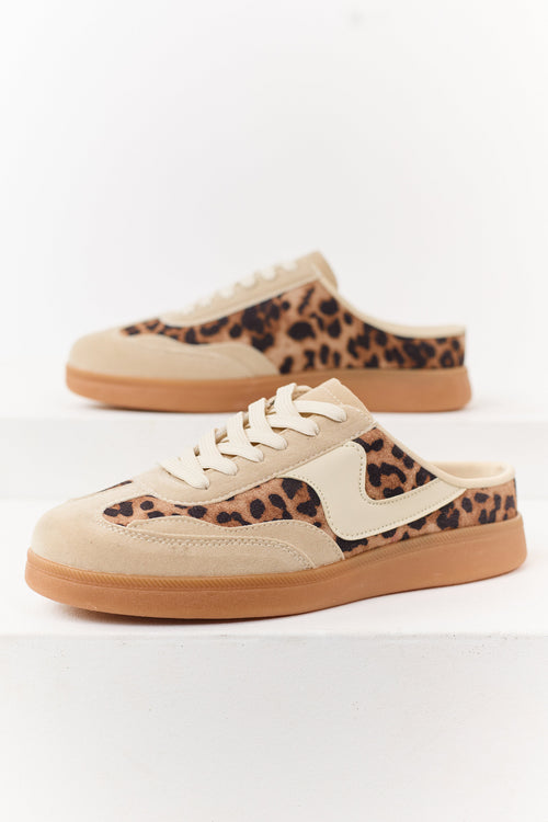Biege Leopard Print Lace Up Slip On Mule Sneakers