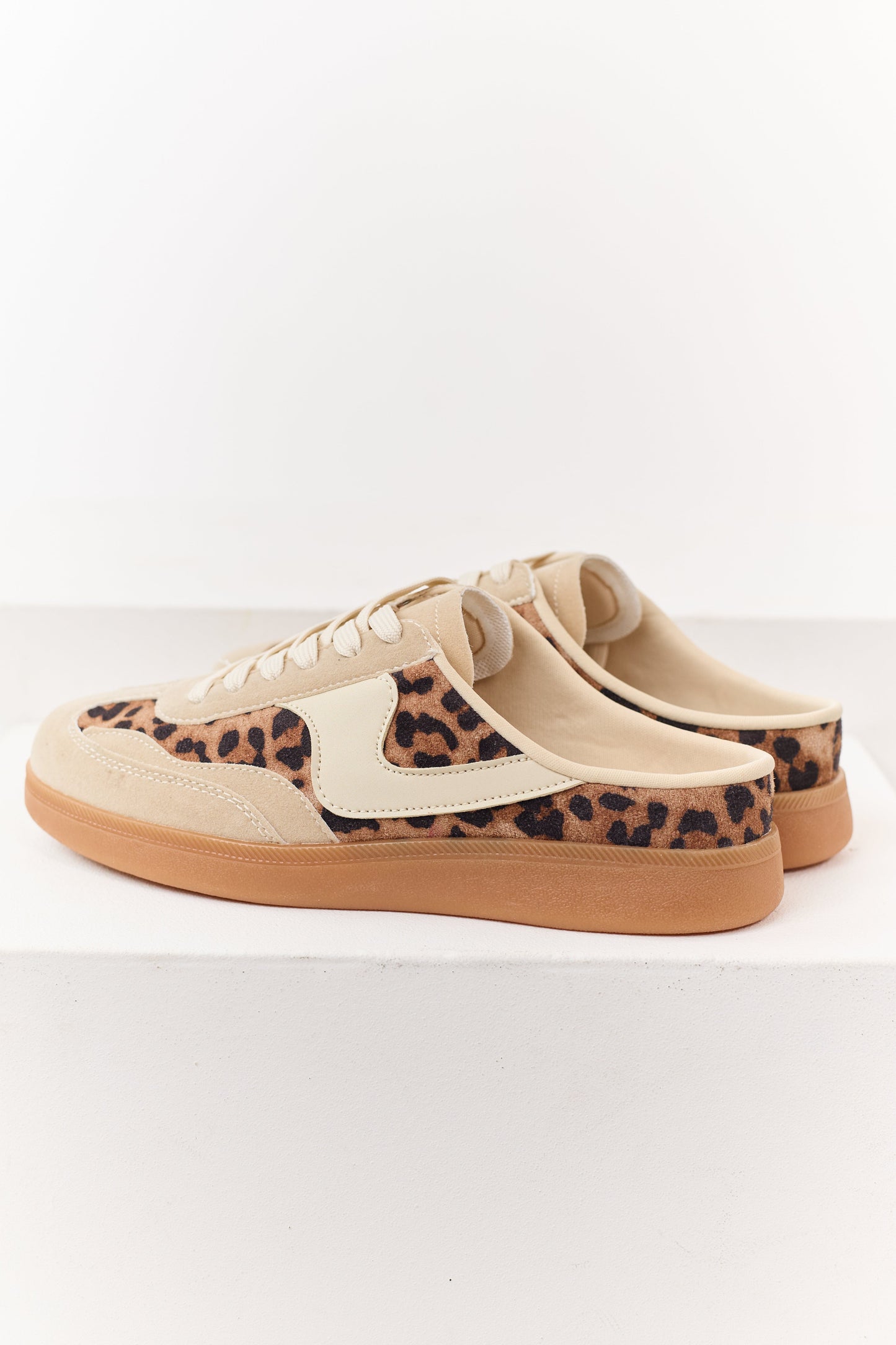 Biege Leopard Print Lace Up Slip On Mule Sneakers