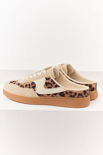 Biege Leopard Print Lace Up Slip On Mule Sneakers