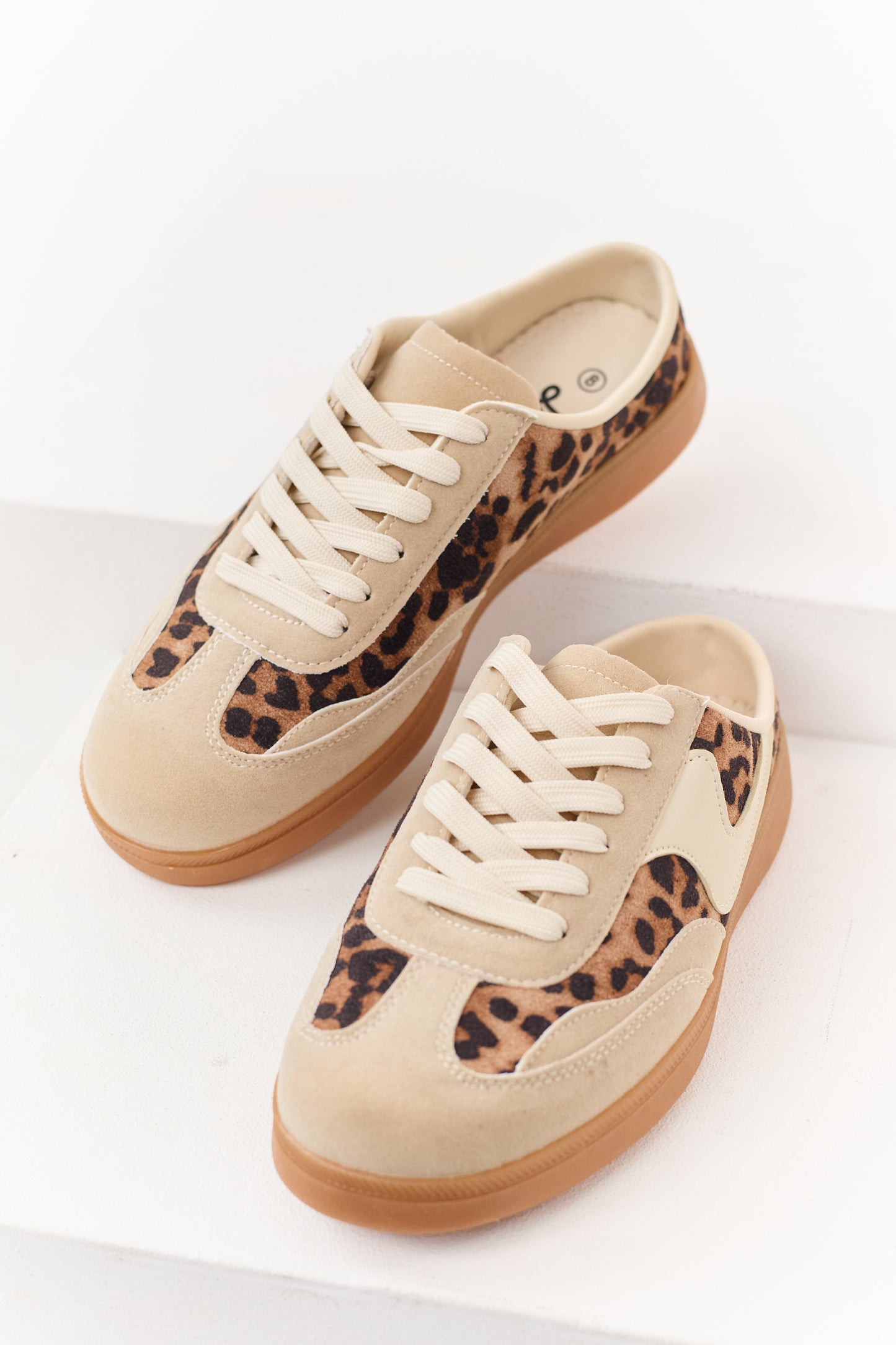 Biege Leopard Print Lace Up Slip On Mule Sneakers
