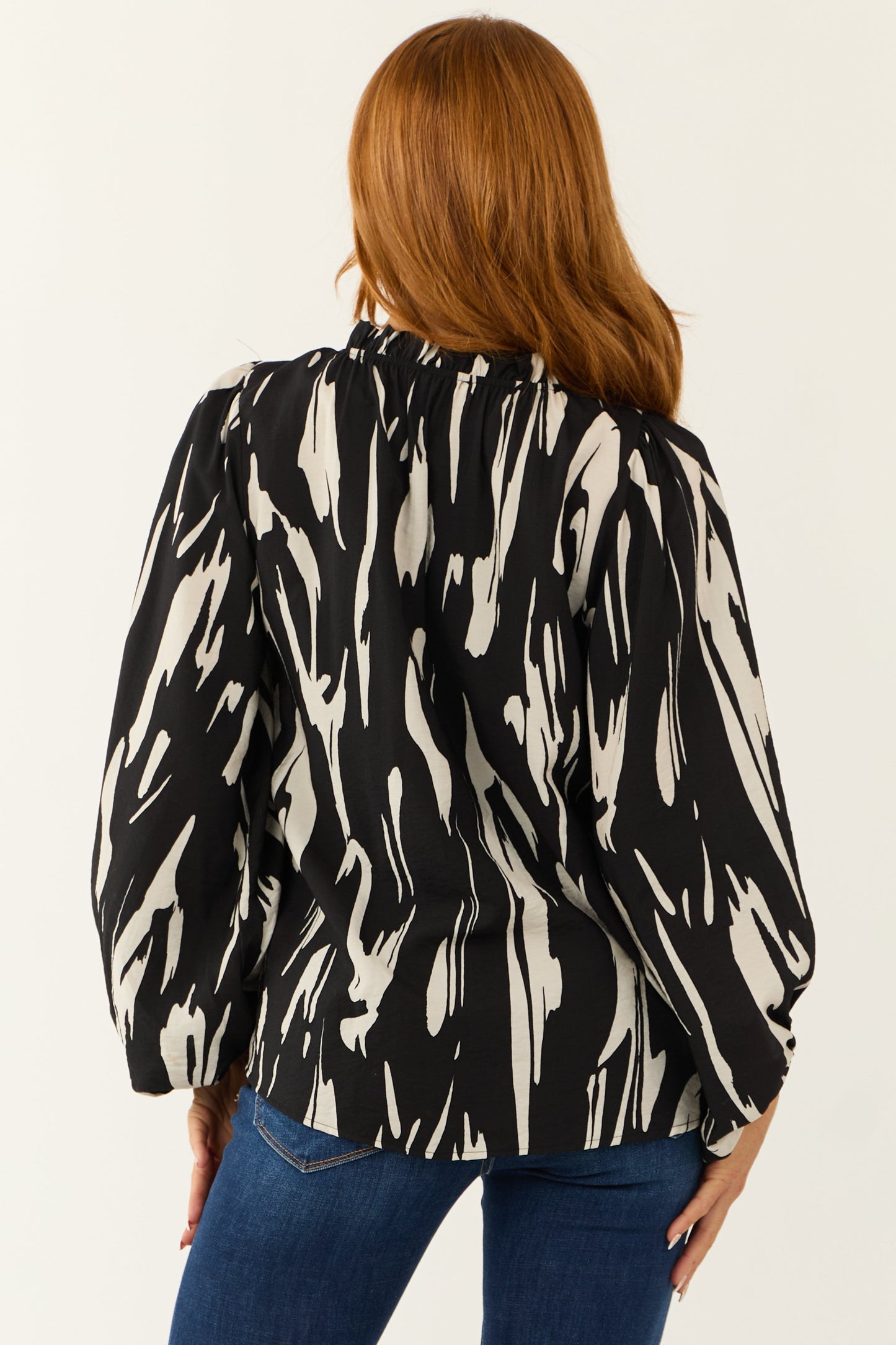 Black Abstract Print Long Puff Sleeve Top