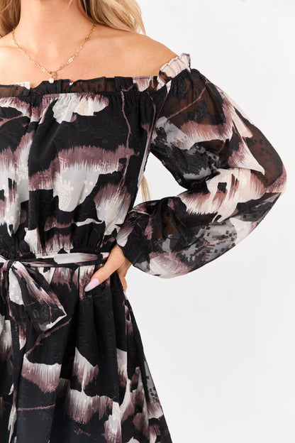Black Abstract Print Off Shoulder Swiss Dot Mini Dress