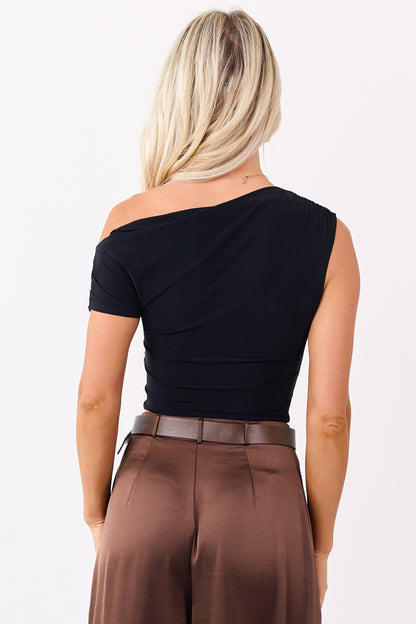 Black Asymmetrical Ruched One Shoulder Top