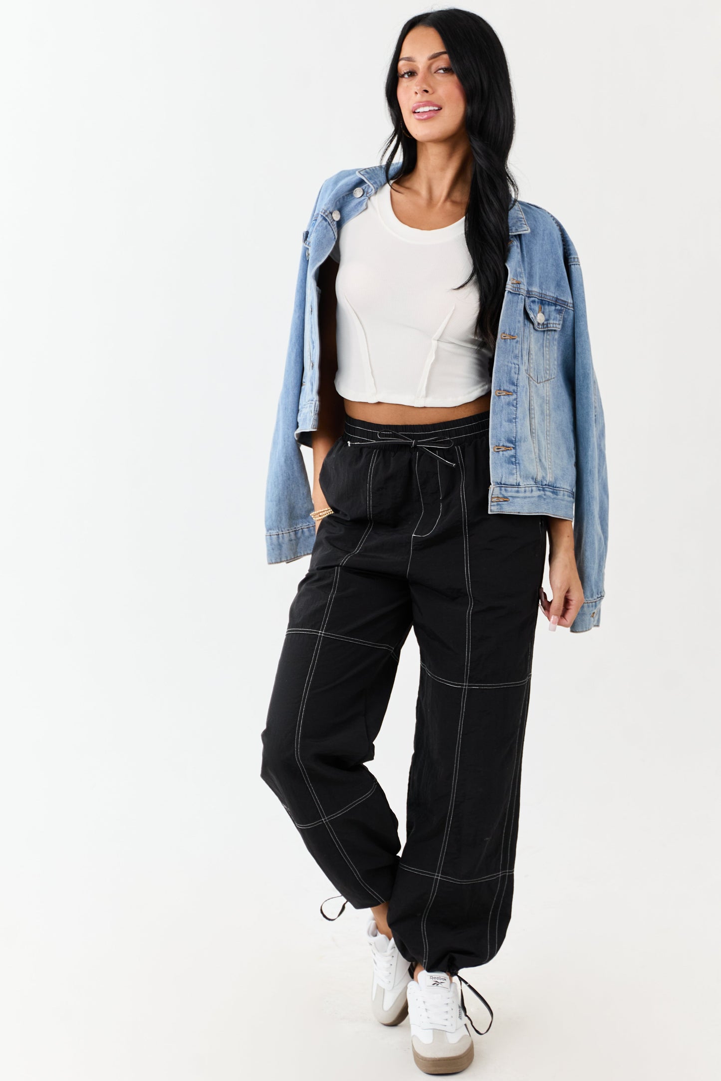 Black Contrast Stitch Wide Leg Drawstring Pants