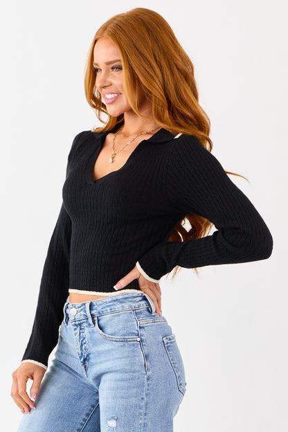 Black Contrast Trim Collared Knit Sweater Top