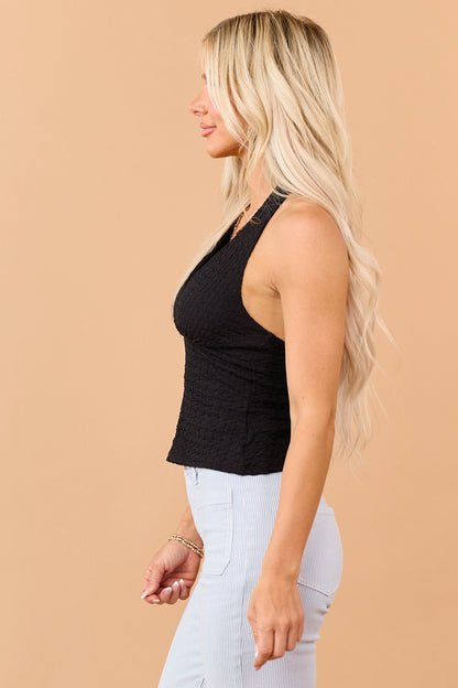 Black Crinkle Textured Halter Neck Crop Top