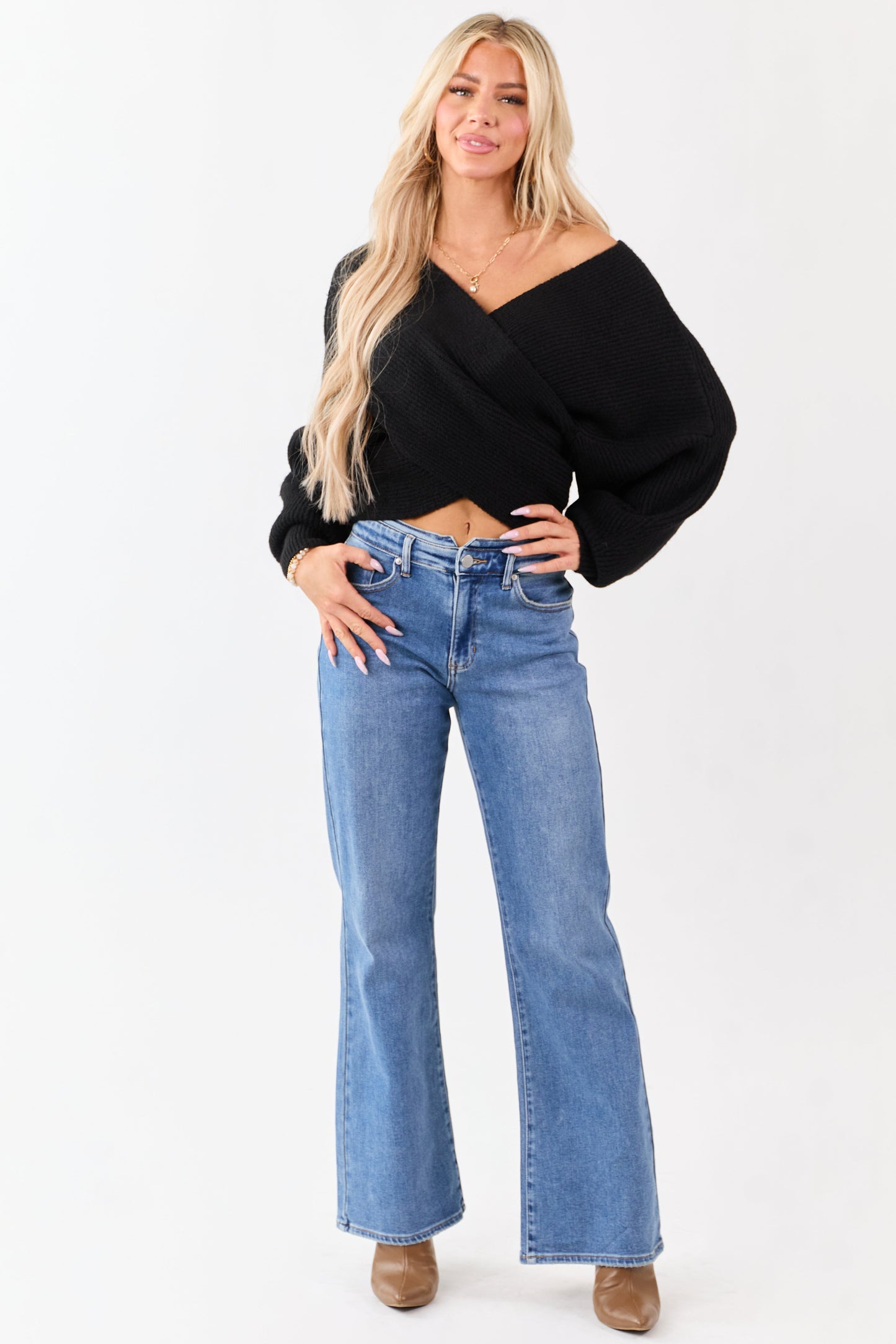 Black Crossover V Neck Puff Sleeve Sweater