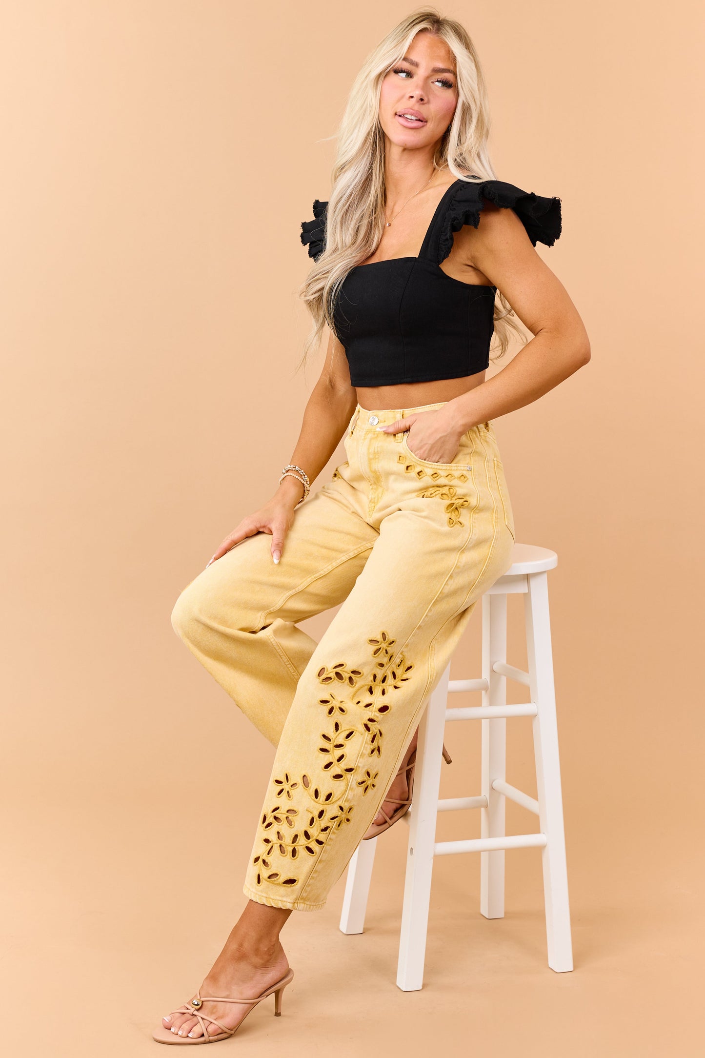 Black Denim Ruffle Cap Sleeve Crop Top