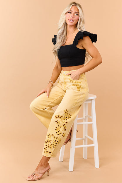 Black Denim Ruffle Cap Sleeve Crop Top