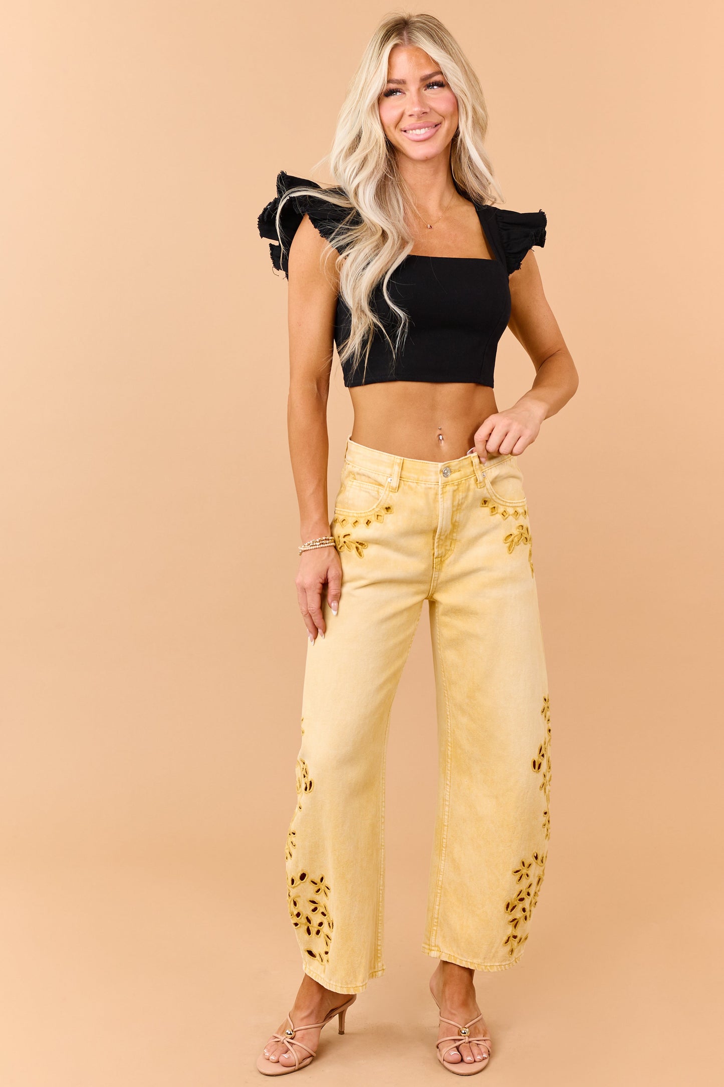 Black Denim Ruffle Cap Sleeve Crop Top