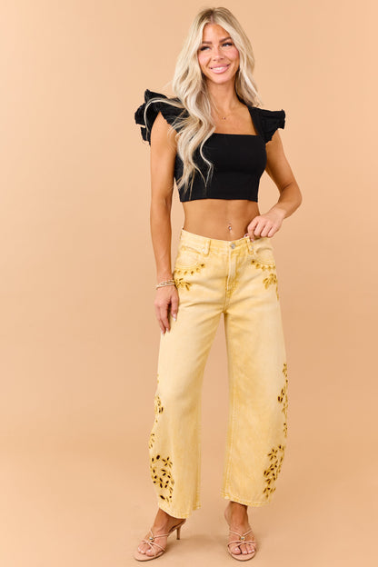 Black Denim Ruffle Cap Sleeve Crop Top