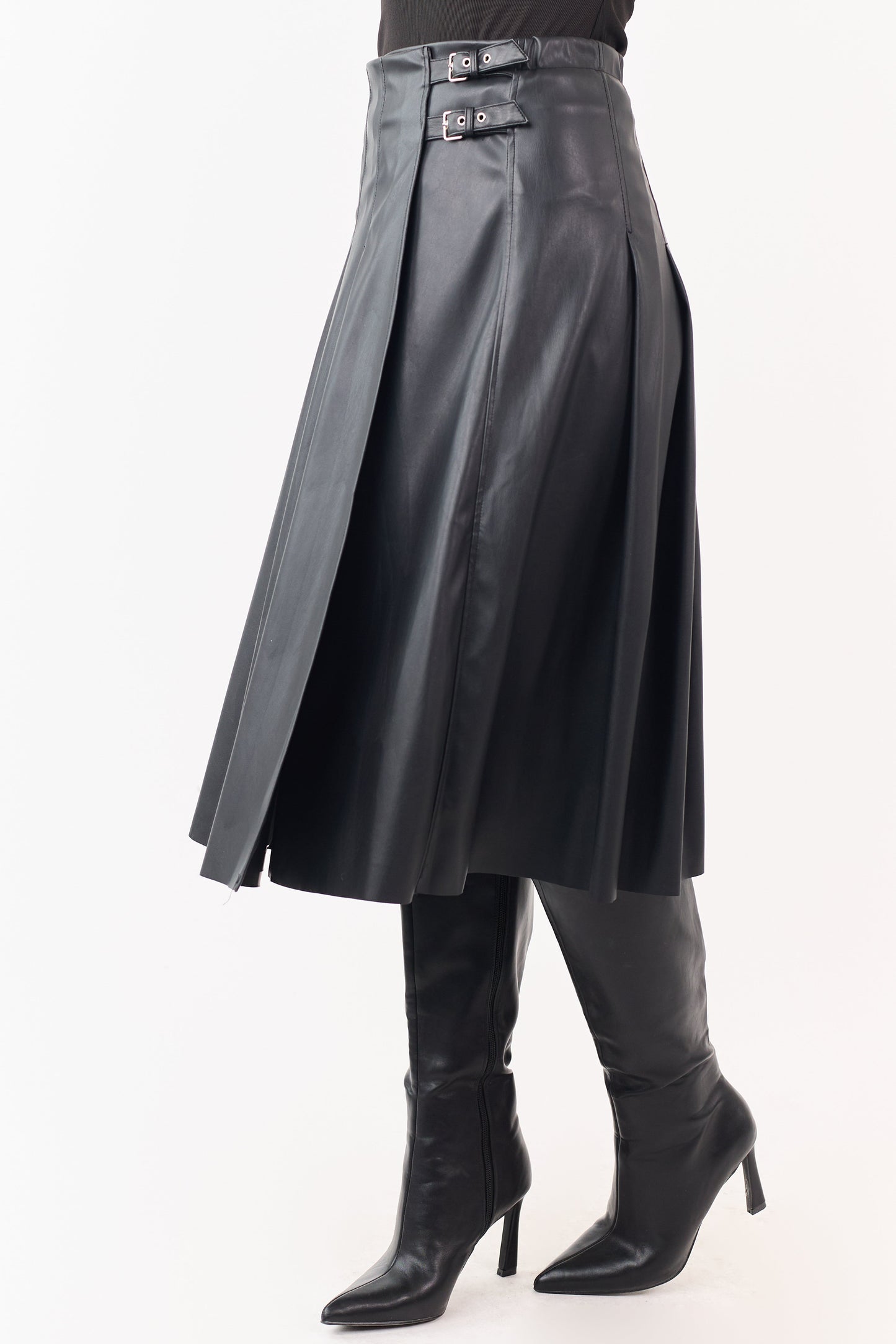 Black Faux Leather Pleated Wrap Style Midi Skirt