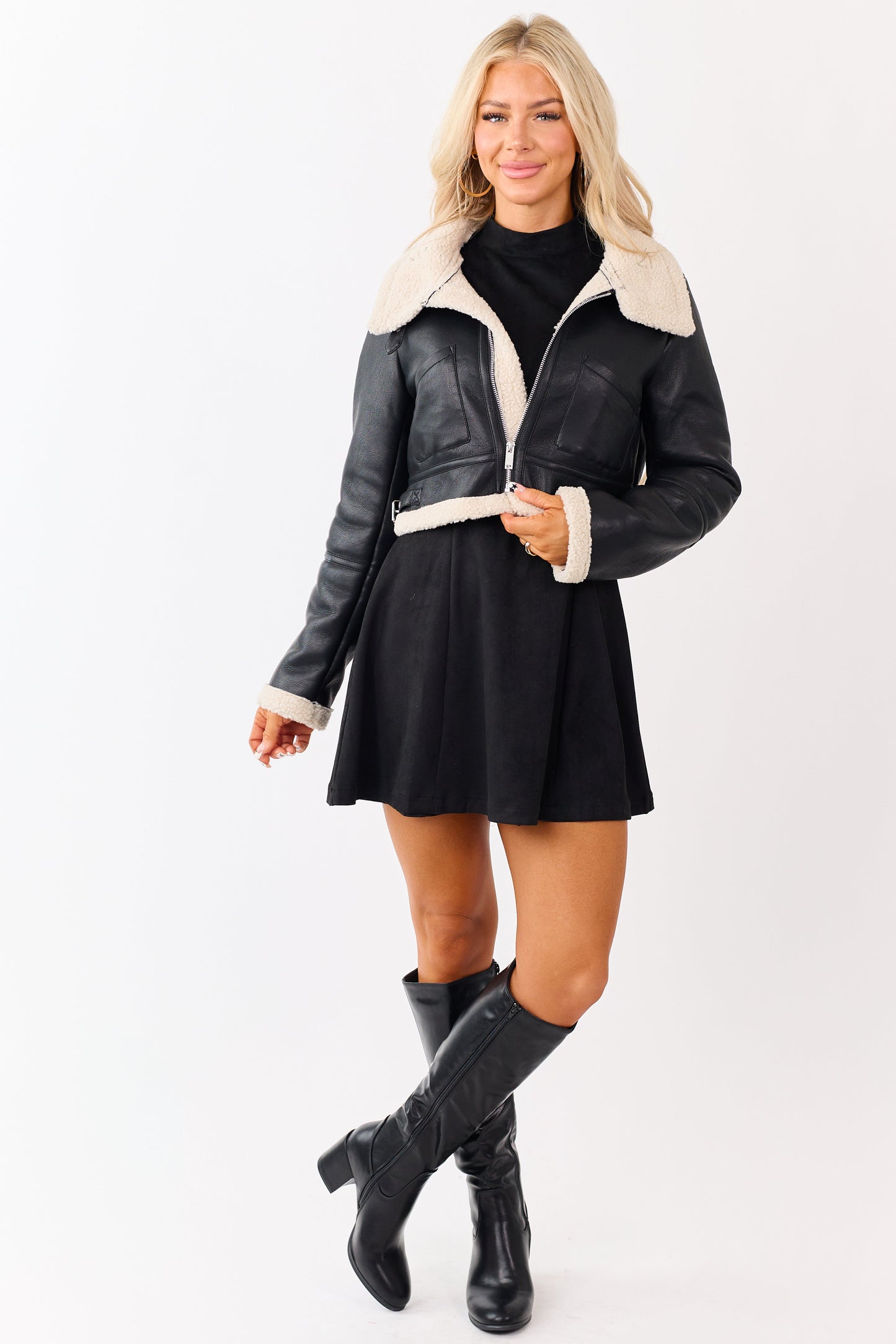 Black Faux Leather Sherpa Lined Jacket