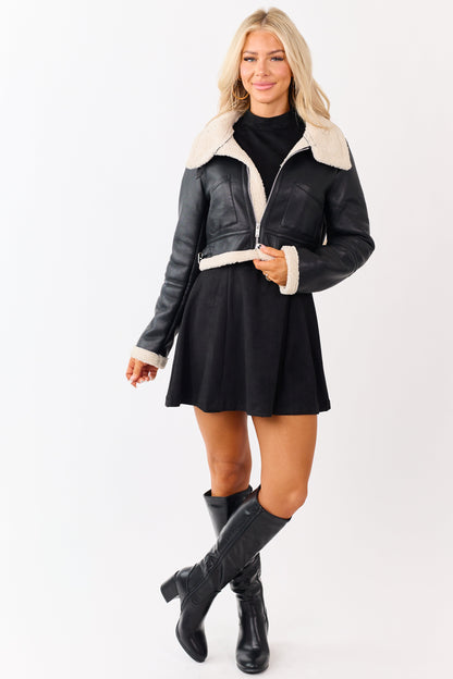 Black Faux Leather Sherpa Lined Jacket