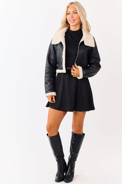Black Faux Leather Sherpa Lined Jacket